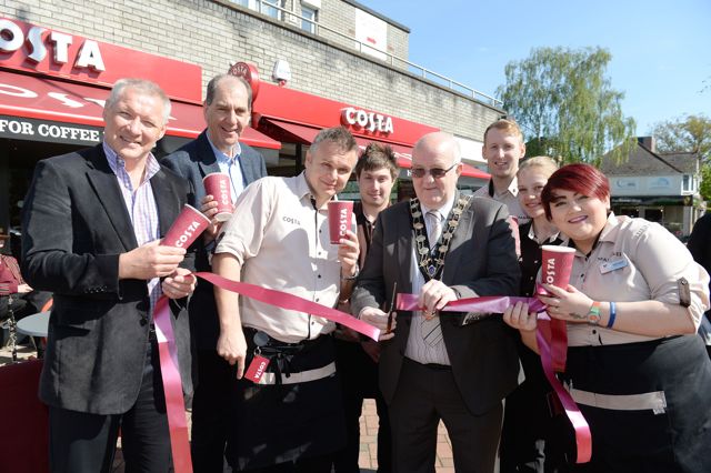Mayor of Eastleigh Councillor Malcolm Cross (centre) officially opens Costa Coffee at Fryern Arcade, Chandlers Ford with Premier Coffee's  Robin Arkle and Andy Hirst, store manager Sebastian Szczypior, Pierce Fouch, Matt Coulthard, Pilvi Musgrave and Alicia Bialous.