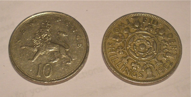 Ten new pence and the same-sized two shilling (“florin”) coins.