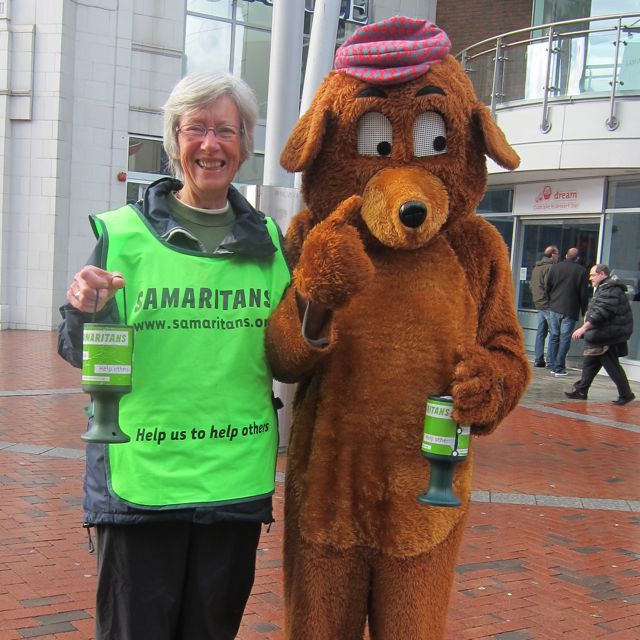 Samaritans fundraisers in Reading. 10th May 2014. John Hay (bear) and Wendy Hawkins.
