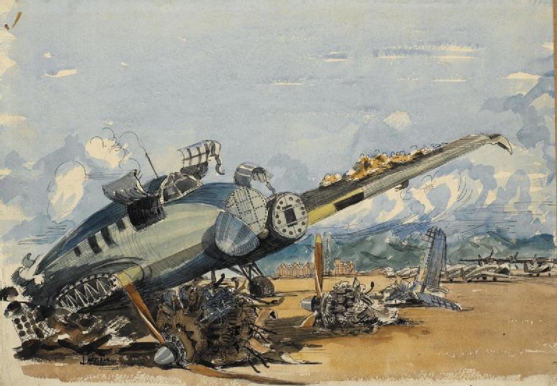 Kiirung Airfield, Formosa : 7th September 1945, with a wrecked Japanese fighter on the air-strip.