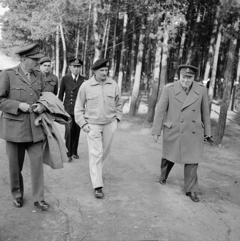 Winston Churchill with Field Marshal Sir Bernard Montgomery and Field Marshal Sir Alan Brooke during the Prime Minister's tour of troops taking part in the Rhine crossing, 25 March 1945. © IWM (BU 2263)