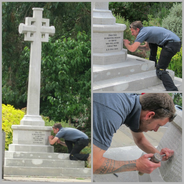 Crouching and kneeling - Jon Tann is renovating Chandler's Ford War Memorial at St. Boniface Church. 