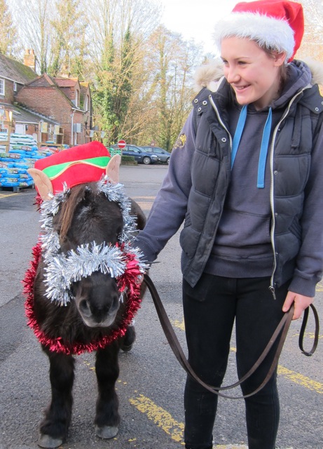 Dennis and Amy from <a href="http://hampshire-riding-therapy-centre.org.uk/">Hampshire Riding Therapy Centre</a> welcome Santa to Brambridge Park.