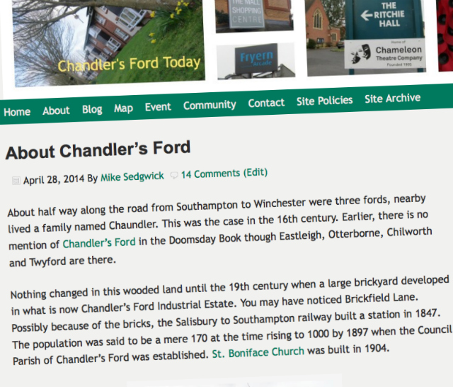 About Chandler's Ford - history of Chandler's Ford by Mike Sedgwick.