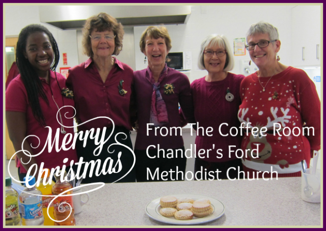 (Left to right): Volunteers at The Coffee Room, Chandler's Ford Methodist Church: Chichi, Daphne, CAroline, Heather, and Ada.