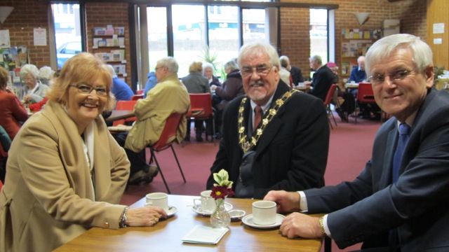 The Mayor of Eastleigh Councillor Tony Noyce, Mayoress Mrs Janice Noyce, and Bob Campbell, Chairman of Chandler's Ford Age Concern.