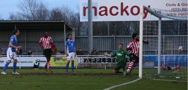 Jack Midson (left) scores his 2nd and Eastleigh’s 3rd of the afternoon.