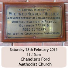 A restored plaque at the Dovetail Centre in Chandler's Ford Methodist Church: remembering Wilfred Herbert Hillier.