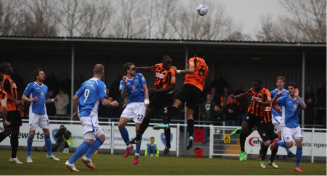 Eastleigh’s No 27 Harry Pell goes close