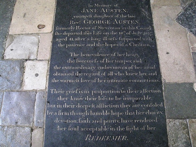 Jane Austen 's burial site in Winchester Cathedral. Image by <a href="https://www.flickr.com/photos/hunky_punk/6897628279/in/photolist-bvw9zv-6yDsX3-6Ptvcz-p4KVkk-6yzk7c-6yDuD1-p2Zhxw-564Pfu-9H1wBF-cto12u-dndyZe-dndBws-fbvKjo-dndz4V-9H1gdT-4GKyLb-dndBAU-RA8oA-9GTpTd-dhpDeK-nS78PX-fbgtag-iSm7sX-iSoyM9-dhCxjd-dhCDAb-dhCDbM-dhCCTz-dhCxyq-aBkPw4-dv8E6j-cyR2tU-cyR33C-cyR2Lb-95R3zk-95R1rF-4aETyg-ELJy3-8S5JUr-fnVNJ9-6ZfpTC-aBownJ-4isik9-4isi85-76syLf-8b8iv4-jKNkAc-pCofYY-dWvPU8-eJtCCa">Spencer Means </a> via Flickr.