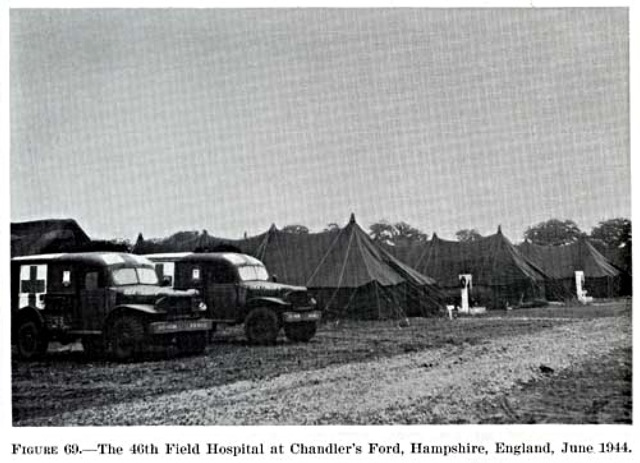46th Field Hospital Chandler's Ford 1944. Image credit: U.S. Army Medical Department Office of Medical History. <a href="http://history.amedd.army.mil/booksdocs/wwii/actvssurgconvol2/">Office of Medical History</a>.