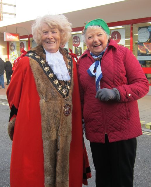 Mayor of Eastleigh Councillor Jane Welsh and Lyn Darbyshire MBE - at Eastleigh's Christmas Light Switch On day 2015.