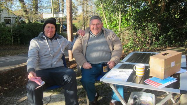 Organiser Steve Allen (left) with his friend Terry welcome visitors to the market. Each visitor is given a free raffle ticket.