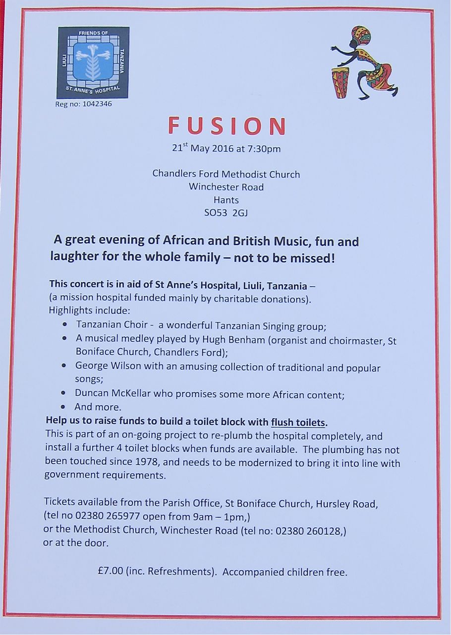 Fusion concert 21st May 2016 at Chandler's Ford Methodist Church in aid of St. Anne's Hospital in Liuli.