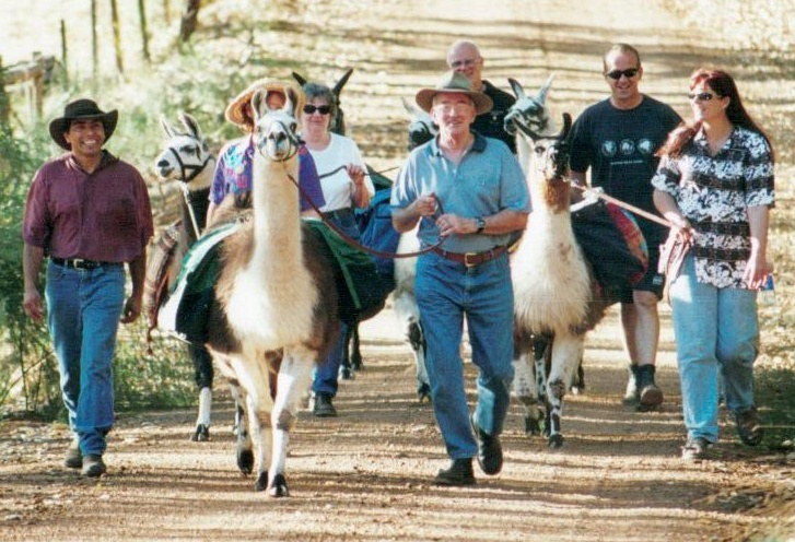Llama Walk January 25th. 2002 – Doug Clews Centre Front - my wife, Wyn Clews, in white top and sunglasses (Photo by Wendy F)