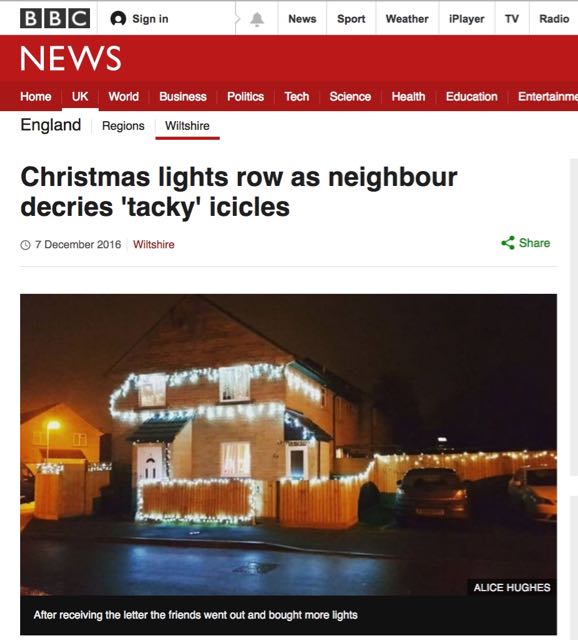 BBC news: Christmas lights row as neighbour decries 'tacky' icicles.