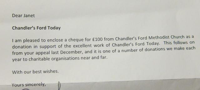 Chandler's Ford Today donation of £100 from Methodist Church of Chandler's Ford.