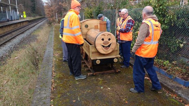New wooden train planter created and installed at Chandler's Ford Station by Eastleigh Men's Shed.