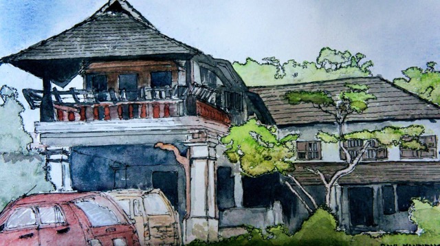 The house I grew up in - Tellichery, Kerala (India). Water colour by Bangalore artist and cousin Vinay Nambiar.