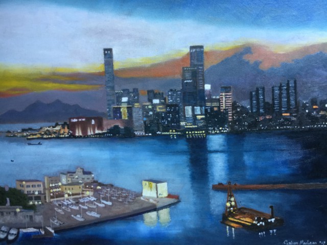 An oil painting of dusk over the Tsim Sha Tsui waterfront, Kowloon, with The Royal Hong Kong Yacht Club in the foreground.