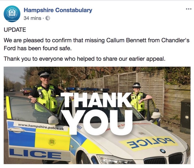 Hampshire Constabulary: Callum Bennett found safe