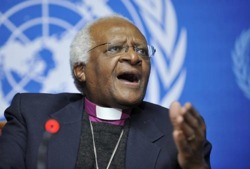 Archbishop Desmond Tutu, Head of Hight-Level Fact-Finding Mission speaks during press conference at the Human Rights Council at the ninth session.
