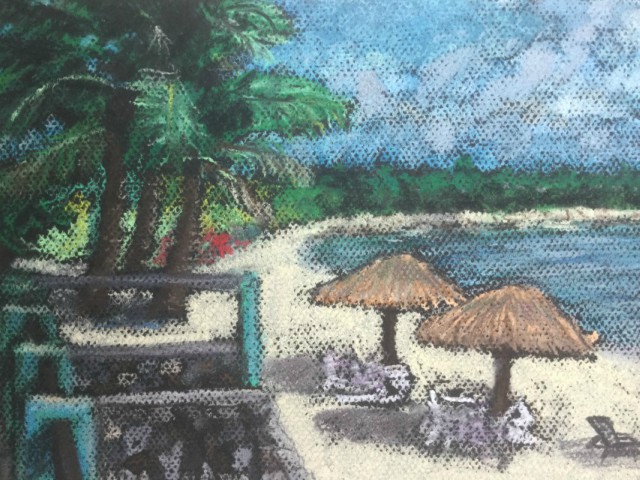  A private beach at Cancun, Mexico. The inspiration here was this was a fantastic opportunity to do a panorama painting with this expressive mediium with parts of the paper showing through.