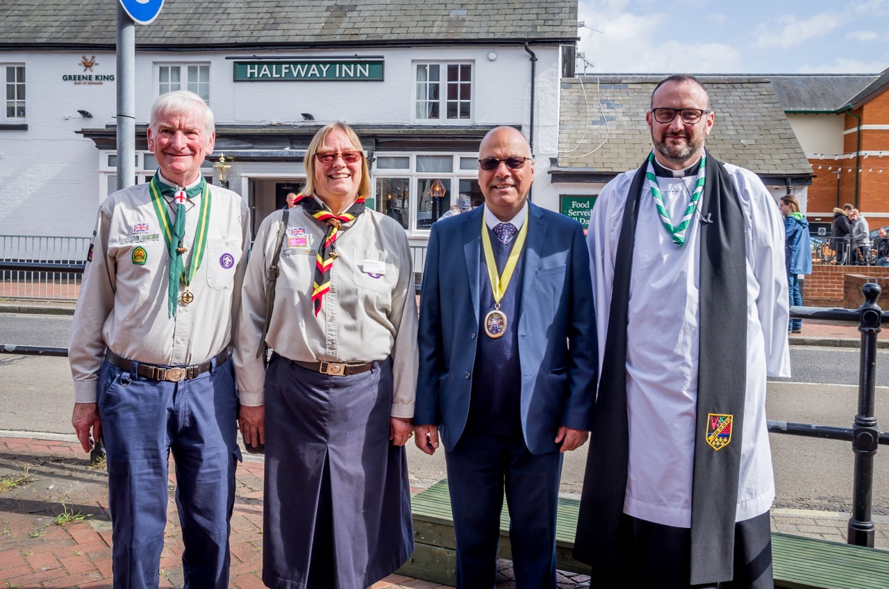 (left to right) District Commissioner Chandler's Ford John Leeks, Deputy County Commissioner Donna Kerrigan, Deputy Mayor Councillor Darshan Mann and Rev Garry Roberts. Image credit: Debbie Pearce Photography