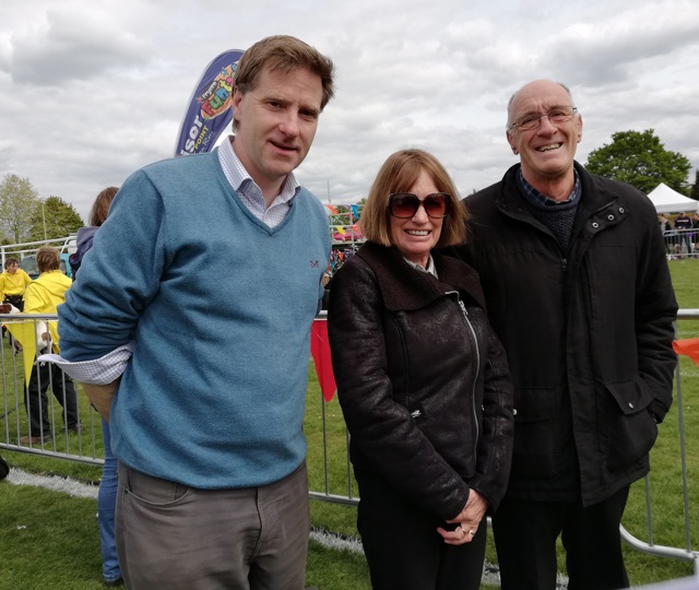 (left) Steve Brine, MP for Winchester and Chandler's Ford, talking to Lionel Elliott of The Chameleon Theatre and his wife Sue Elliott at the Fryern Funtasia.