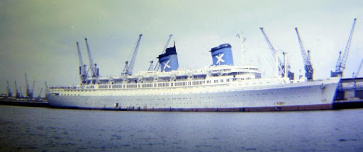 s.s. ‘Australis’ berthed at Southampton in 1973 in her new grey / white livery.
