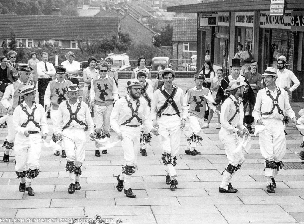 Winchester Morris Men at Chandler's Ford Precinct in July 1971. Image via Eastleigh and District Local History Society.