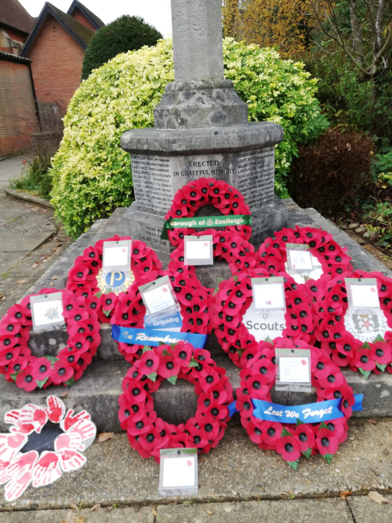 Wreaths laid by representatives from groups. Remembrance Sunday 14.11.2021 Chandler's Ford War Memorial