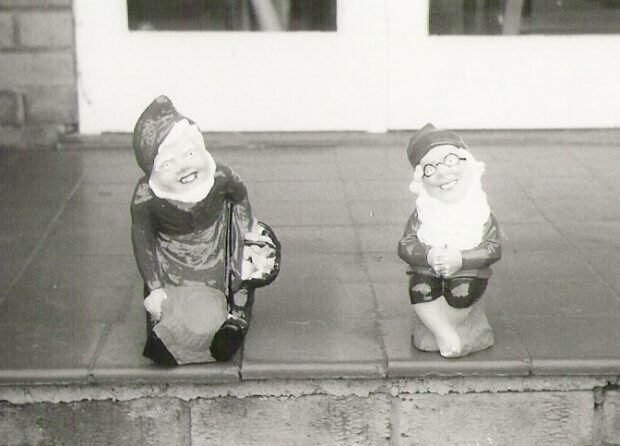 two gnomes - black and white image