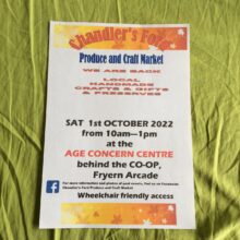 Chandler's Ford produce and craft Market reopening 1st October 22 10 am to 1pm At the Age Concern Hall Fryern Arcade Chandlers Ford Behind Co-op