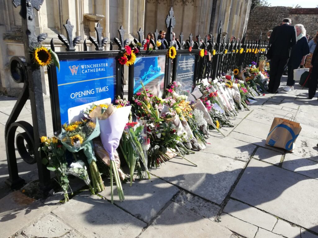 Beautiful flower tributes for Her Majesty Queen Elizabeth II. at Winchester Cathedral.