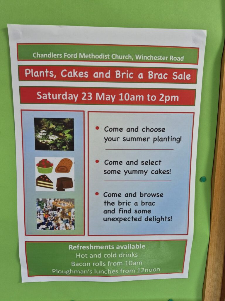 Plant, Cake and Bric-a-Brac stall at Chandlers Ford Methodist Church on Sarurday 23rd May